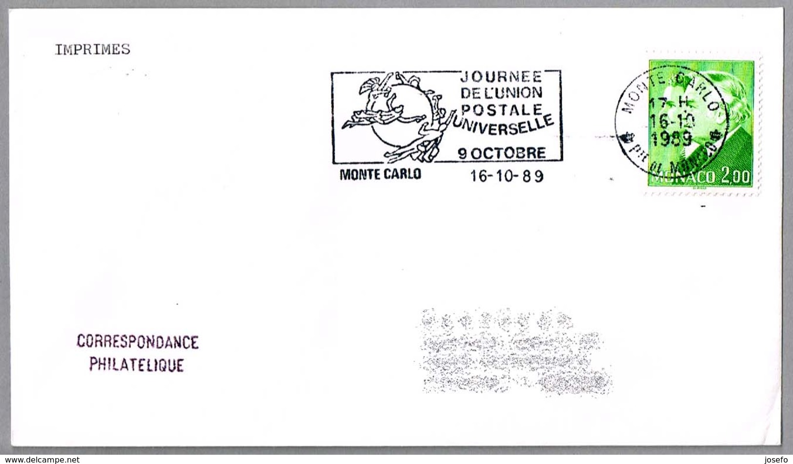 DIA DE LA UNION POSTAL INTERNACIONAL - UPU DAY. Monte Carlo 1989 - UPU (Unión Postal Universal)