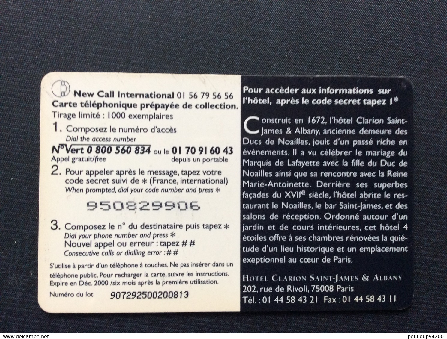 CARTE PREPAYEE  HÔTEL CLARION SAINT-JAMES & ALBANY  *10 Unites  9906 - Autres & Non Classés