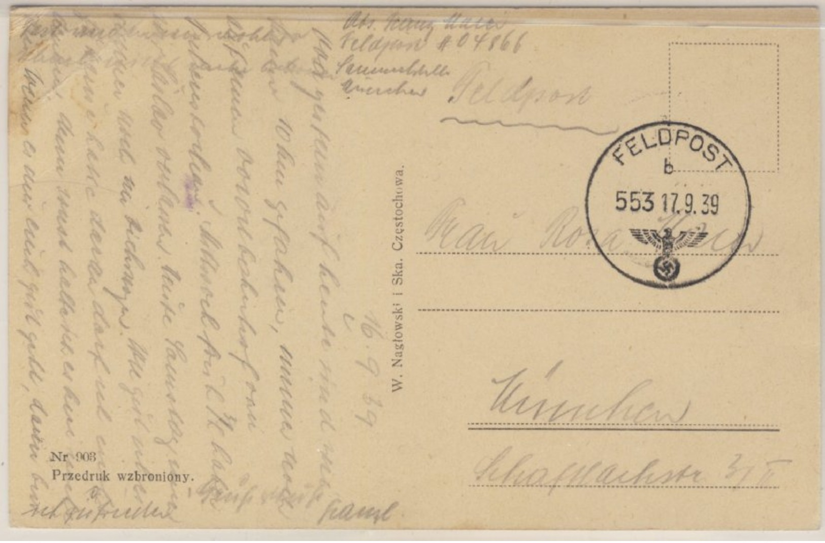 DR - 17.9.39 Feldpostkarte (AK Czenstochowa), Fp.-Norm-Stpl./Kenn-Nr. 553 Ub B - Briefe U. Dokumente