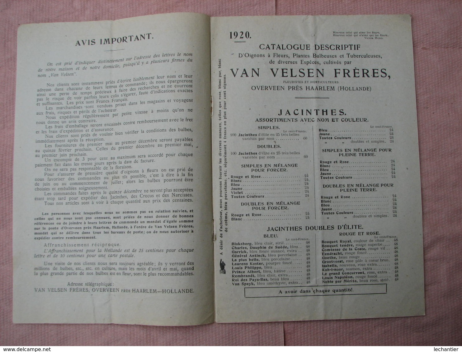 4 Catalogues Oignons à Fleurs 1910  1909  1920  " VELSEN - JOS TELKAMP - ROOZEN "  B.E. voir photos