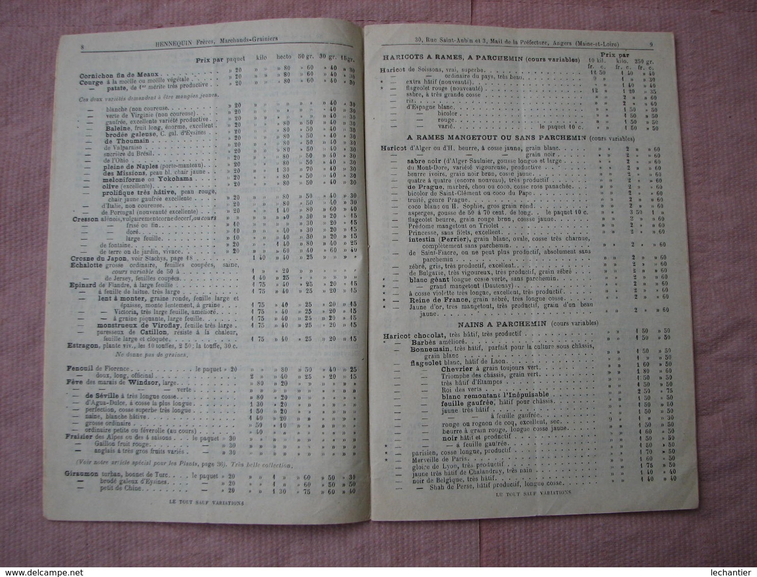 Catalogue HENNEQUIN  FRERES  30 Rue St Aubier  ANGERS   47 Pages Graines Potagéres, Fourragéres Et Fleurs. TBE - Autres & Non Classés