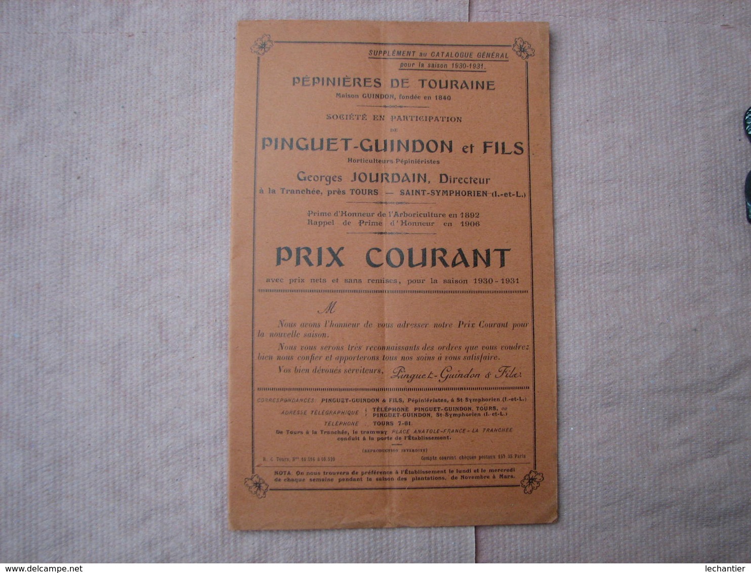 Pinguet-Guindon 1930/1931 Pépinières De Touraine à La Tranchée Près TOURS  St. SYMPHORIEN  15 Pages TBE - Autres & Non Classés