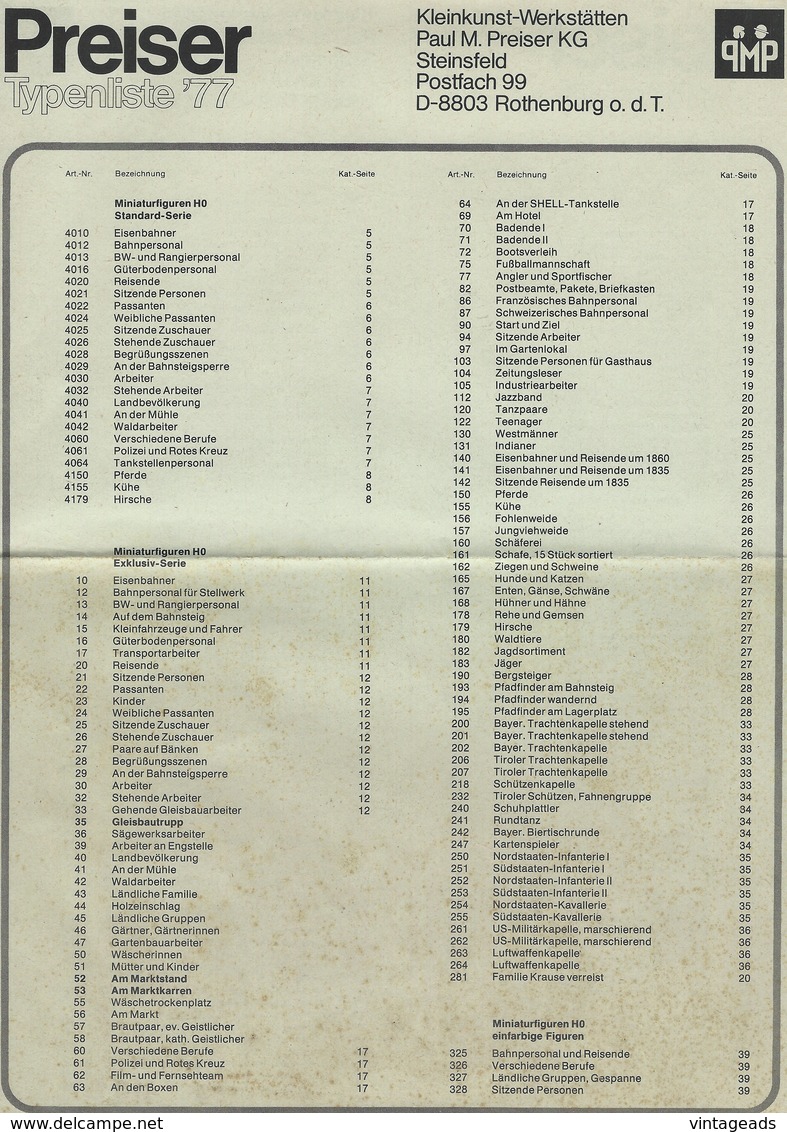 KAT189 Modellprospekt PREISER Typenliste 1977, Deutsch, A4 - Letteratura & DVD