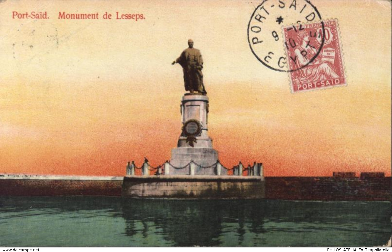 Mouchon Retouché 10ct Rose Port Saïd YT 25 CAD Port Said Egypte 9 12 10 CPA Monument Lesseps - Used Stamps