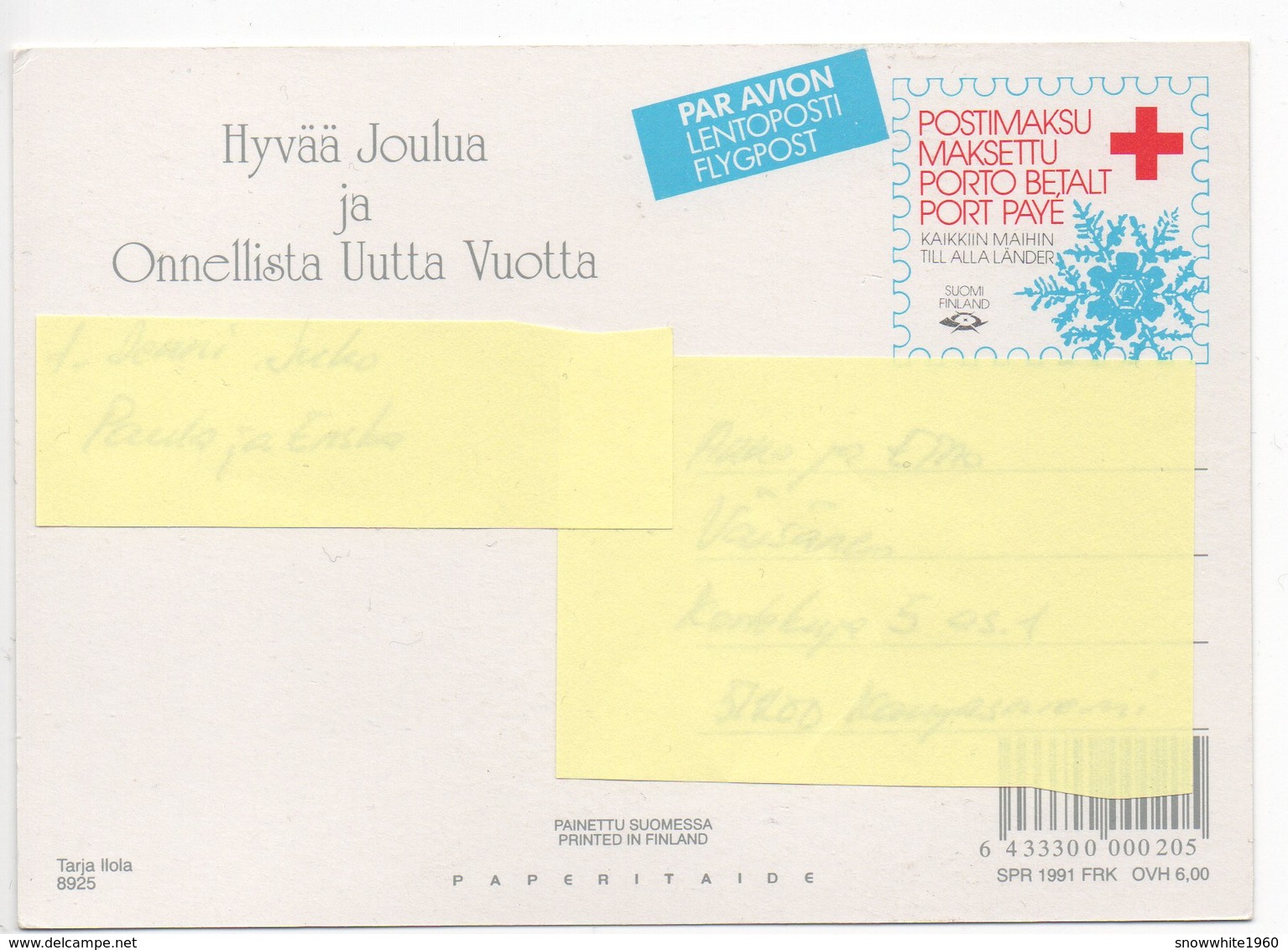 Postal Stationery RED CROSS Finland 1991 - POSTCARD- KABOUTERS - GNOMES - BIRDS - BULLFINCHES - Postage Paid - Port Payé - Entiers Postaux