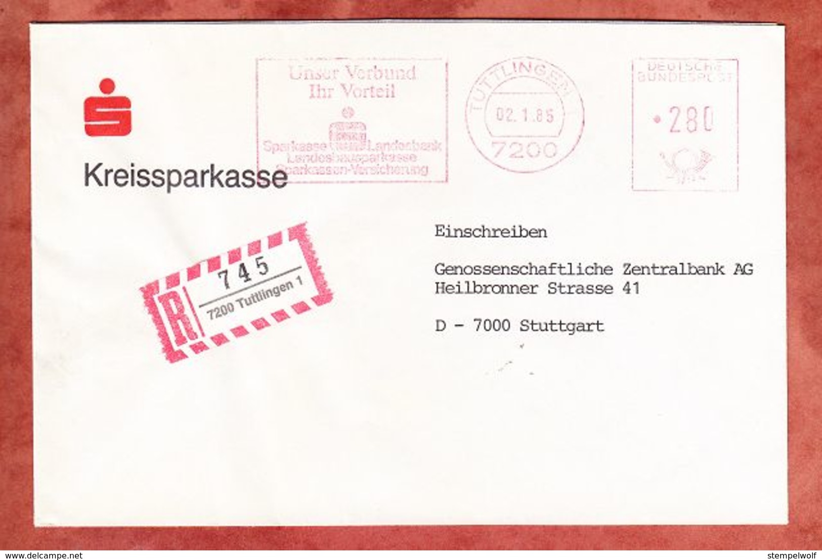 Einschreiben Reco, Absenderfreistempel, Sparkasse Landesbank.., 280 Pfg, Tuttlingen 1985 (70334) - Maschinenstempel (EMA)