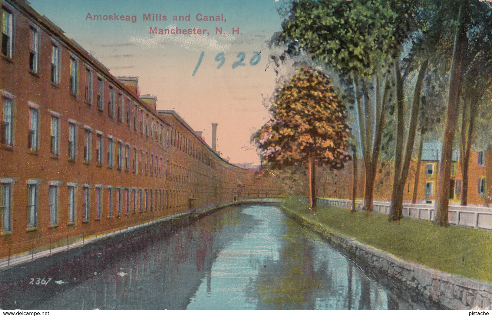 Vintage 1920 - Manchester New Hampshire NH - Amoskeag Mills & Canal - Written Stamp Postmark - 2 Scans - Manchester