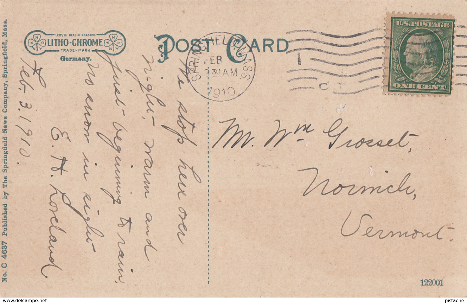 Vintage 1910 - Springfield Mass. USA - Arsenal And State Street - Armory - Written Stamp Postmark - 2 Scans - Springfield