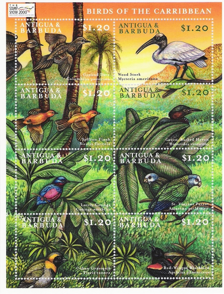 ANTIGUA & BARBUDA, 2000 The Stamp Show 2000, London M/s Of 8v MNH (BIRDS) - Antigua Et Barbuda (1981-...)