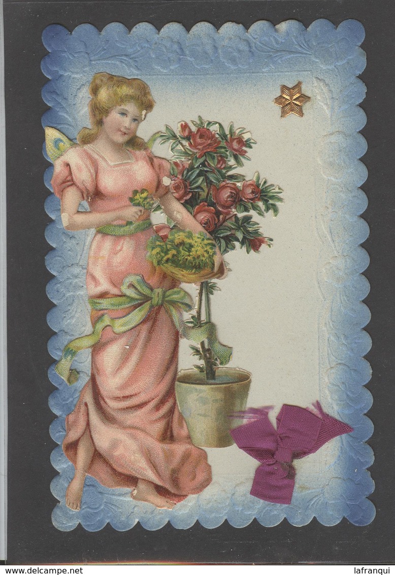 Themes Div-ref AA691- Carte Avec Decoupis -ajoutis - Decoupi  Femme Et Fleurs - Veritable Petit Ruban - - Autres & Non Classés