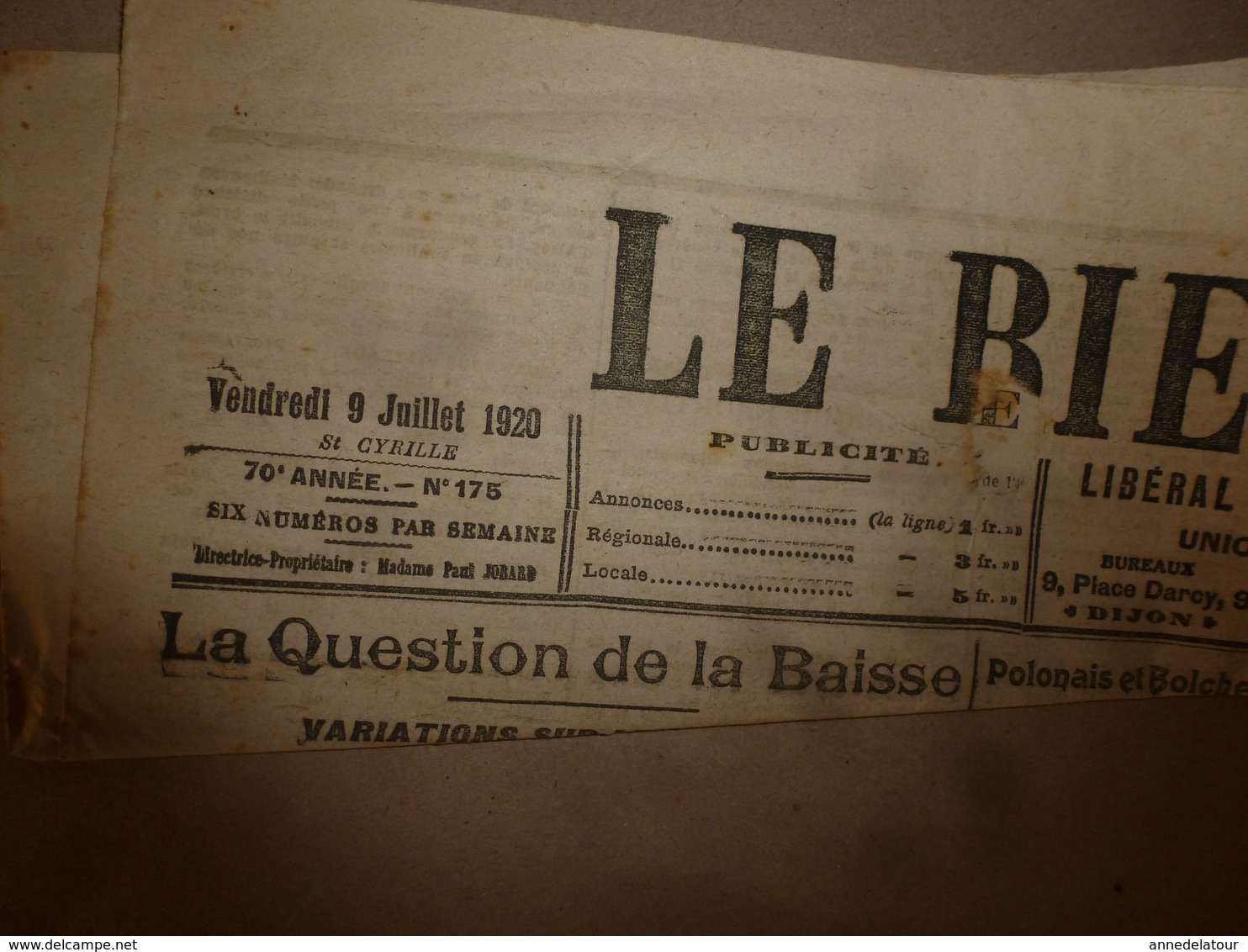 1920 LE BIEN PUBLIC :Manifestation Monstre Des Sans-travail à Berlin;Catastrophe à Vonges;Polonais Et Bolchevisme ; Etc - Autres & Non Classés