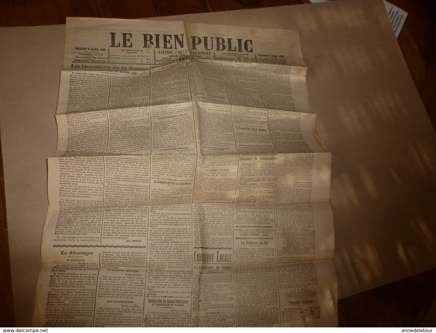 1920 LE BIEN PUBLIC :Manifestation Monstre Des Sans-travail à Berlin;Catastrophe à Vonges;Polonais Et Bolchevisme ; Etc - Autres & Non Classés