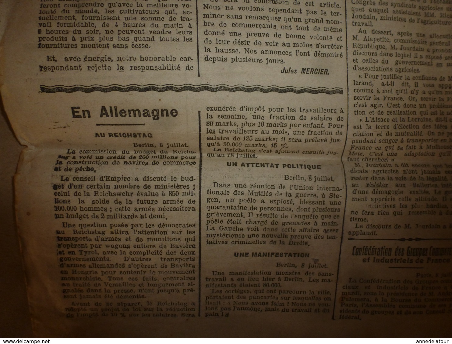 1920 LE BIEN PUBLIC :Manifestation Monstre Des Sans-travail à Berlin;Catastrophe à Vonges;Polonais Et Bolchevisme ; Etc - Autres & Non Classés