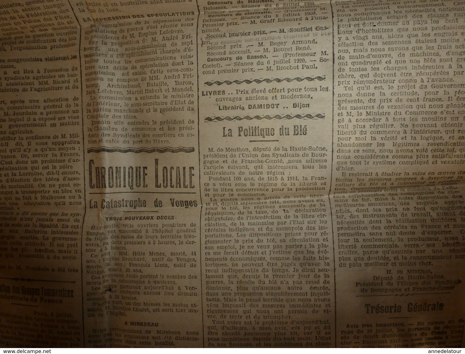 1920 LE BIEN PUBLIC :Manifestation monstre des sans-travail à Berlin;Catastrophe à Vonges;Polonais et bolchevisme ; etc