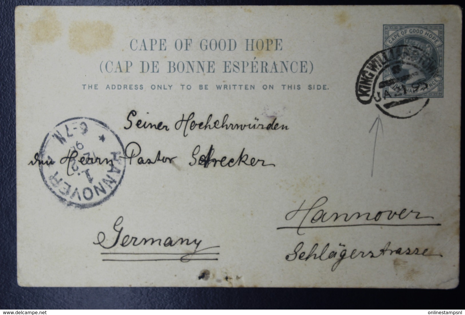 Cape Of Good Hope Postcard Nr 8 King William Town -> Hannover Germany 1895 - Kap Der Guten Hoffnung (1853-1904)