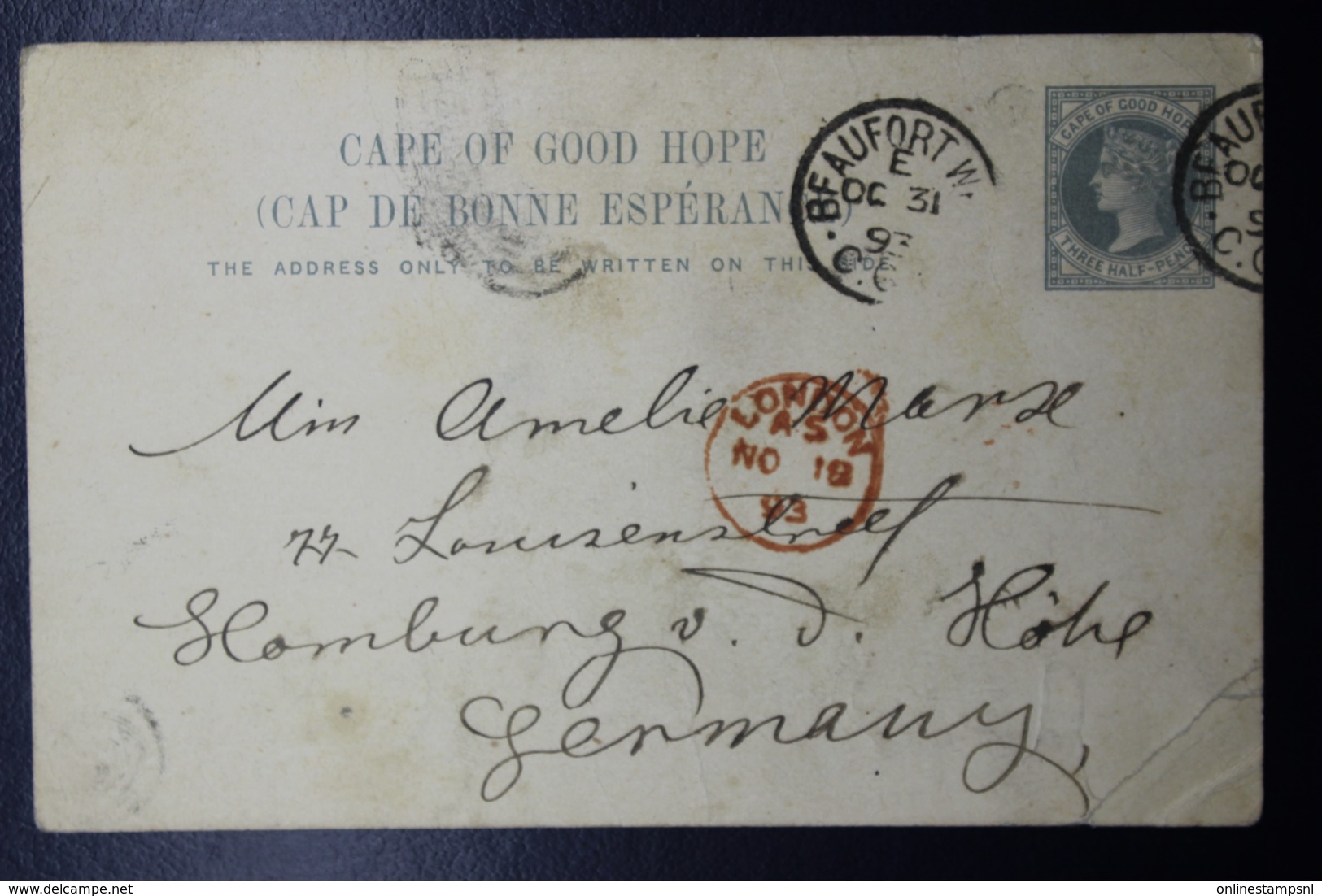 Cape Of Good Hope Postcard Nr 9 Beaufort West -> London -> Hamburg Germany 1893 - Cape Of Good Hope (1853-1904)