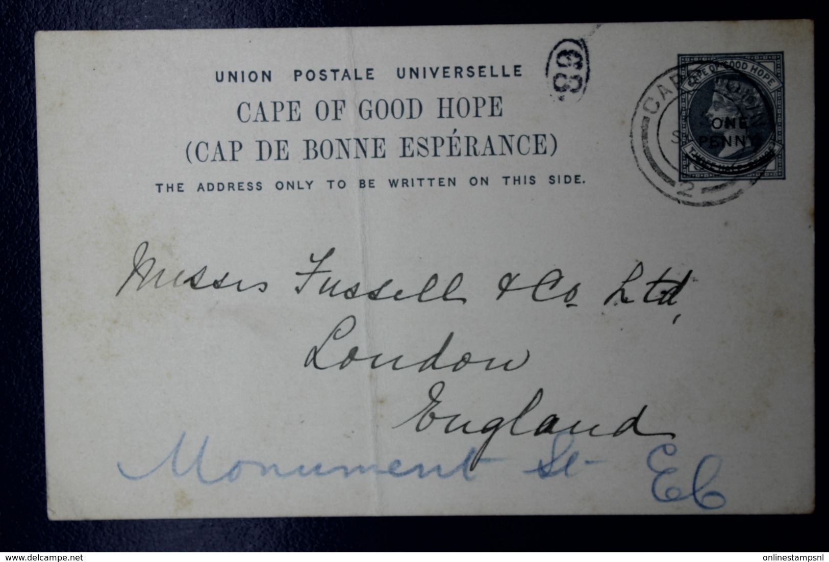 Cape Of Good Hope  Postcard HG 11 UPU In Black  Cape Town -> London Private Printed Back - Kap Der Guten Hoffnung (1853-1904)