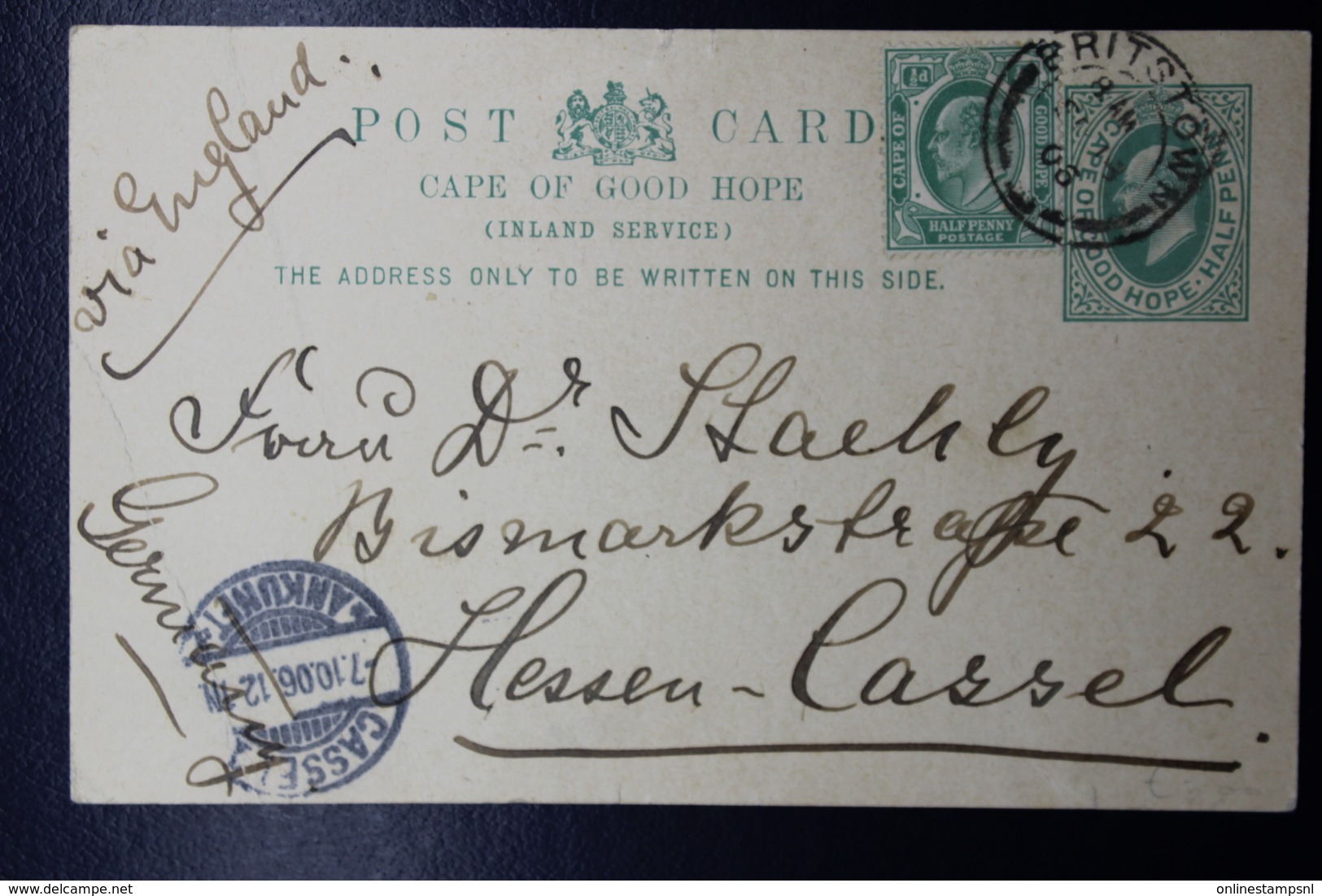 Cape Of Good Hope Uprated Postcard P17 Britstown -> Cassel Germany 1906 - Cabo De Buena Esperanza (1853-1904)