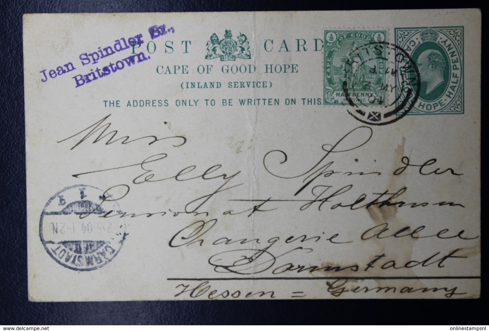 Cape Of Good Hope Uprated Postcard P17 Britstown -> Darmstadt  Germany 1904 - Cabo De Buena Esperanza (1853-1904)