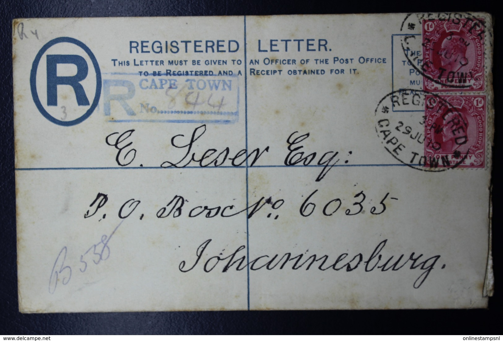 Cape Of Good Hope Registered Cover  HG 4a Cape Town -> Johannesburg  152:96 Mm - Cape Of Good Hope (1853-1904)