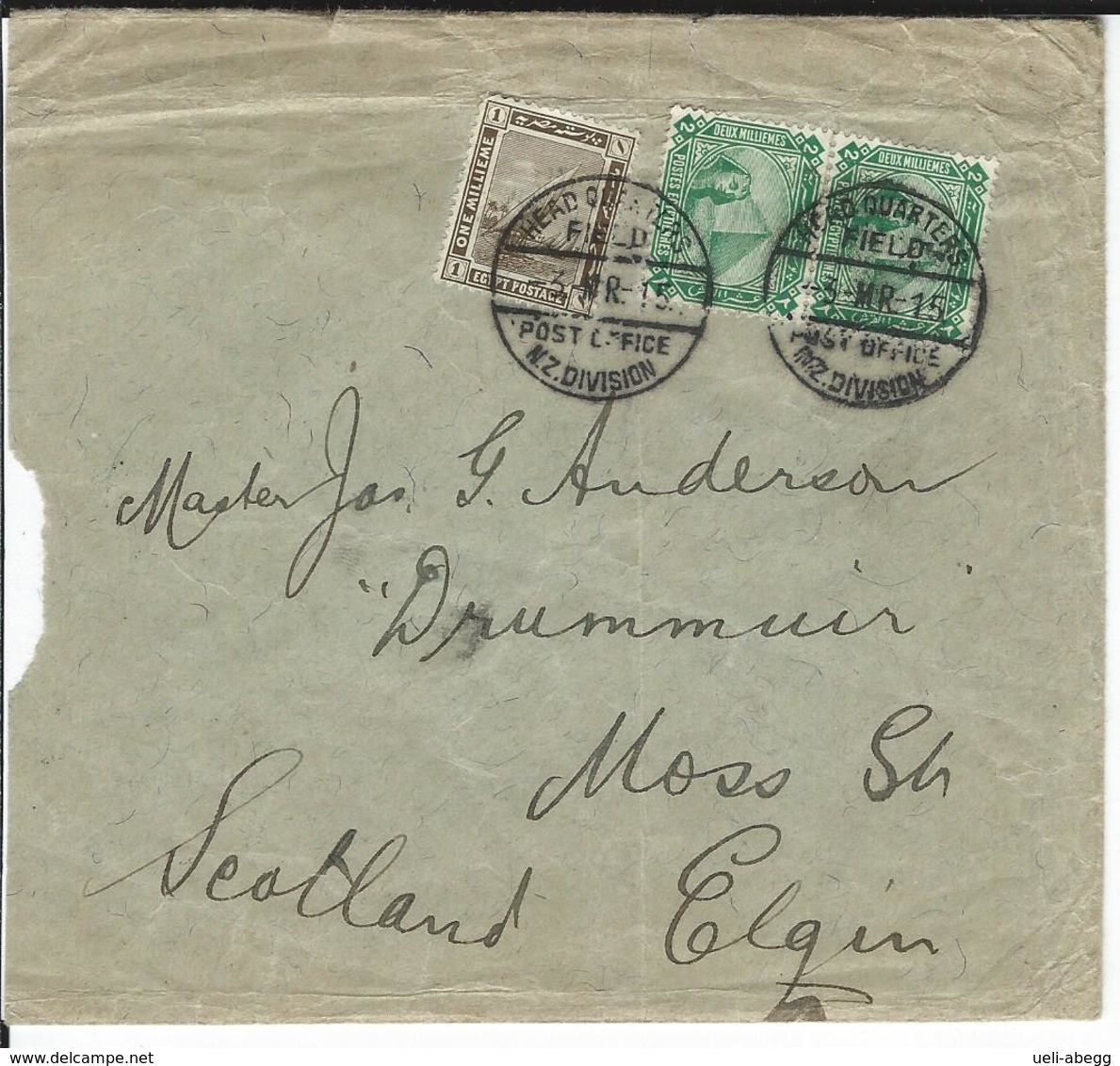 NZ Forces In Egypt Postmark "Headquarters Field Post Office N.Z. Division  3.3.1915" To Elgin Scotland - Brieven En Documenten