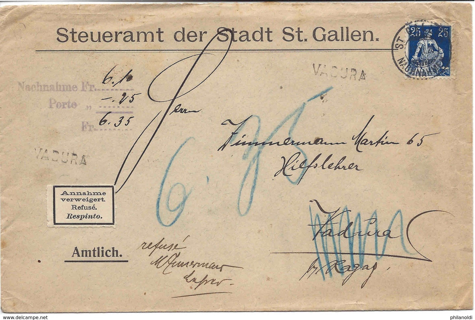 1920 Cachet Linéaire Stabstempel VADURA (St Gallen) Sur Lettre Nachnahme Remboursement, Refusé, Verweigert. Kleiner Dorf - Marcophilie