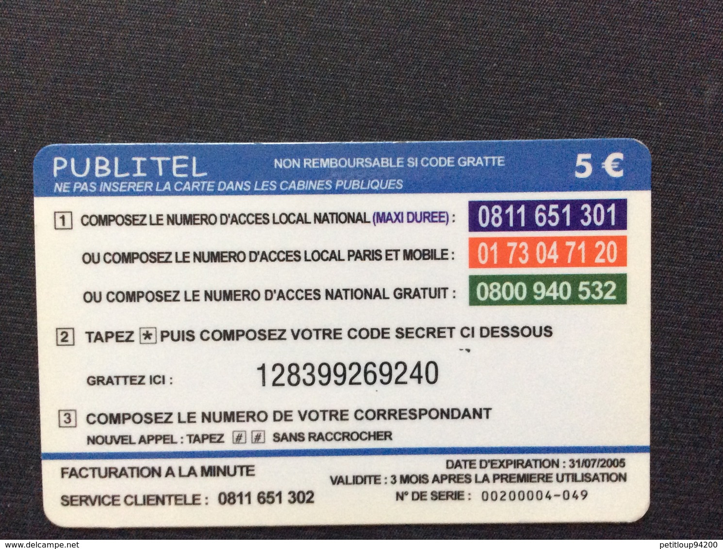 CARTE PRÉPAYÉE  PUBLITEL  *5€  Universelle   9240 - Autres & Non Classés