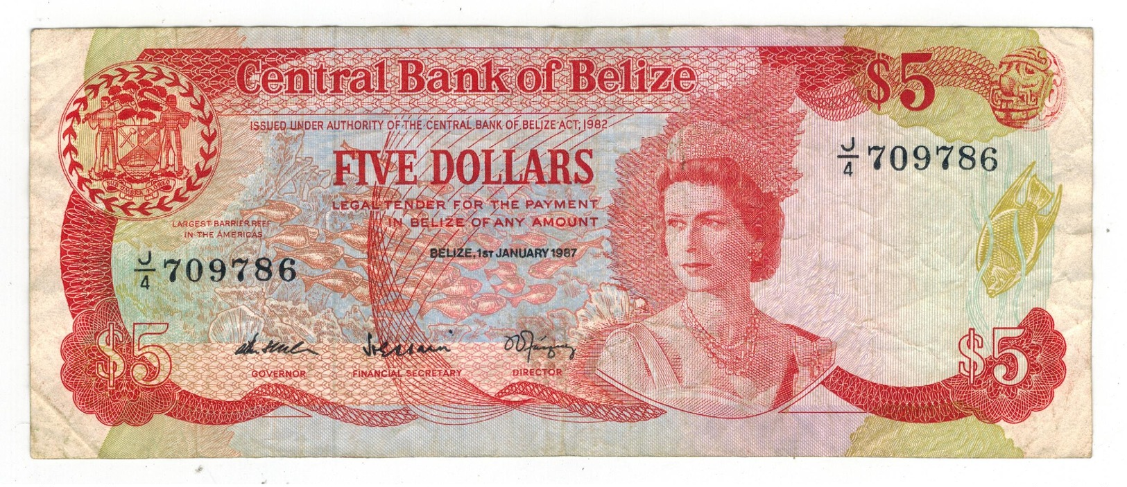 Belize 5 Dollars 1987 , VF. Rare - Belize