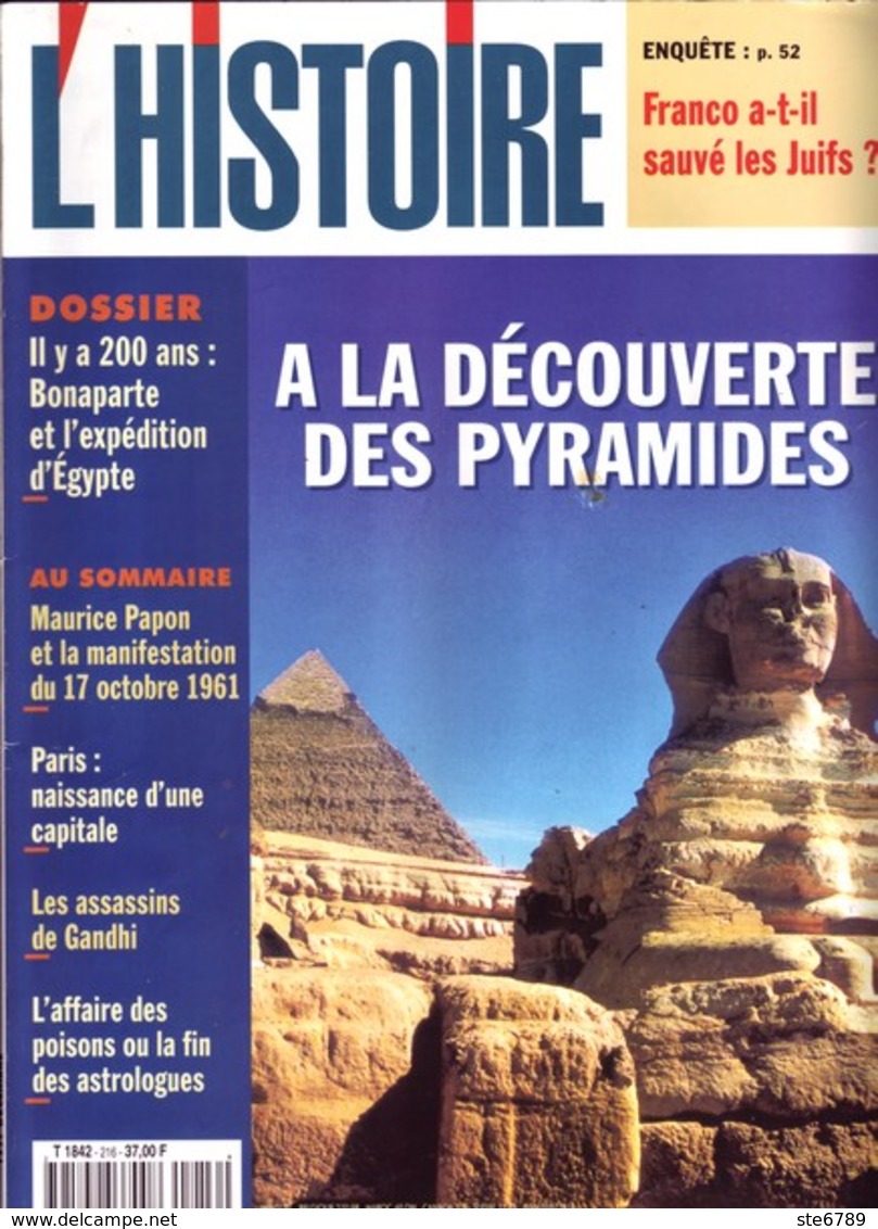 Revue L'HISTOIRE N° 216 / Dossier Bonaparte Expedition Egypte , Papon , Paris , Assassins Gandhi , Affaire Poison - Histoire