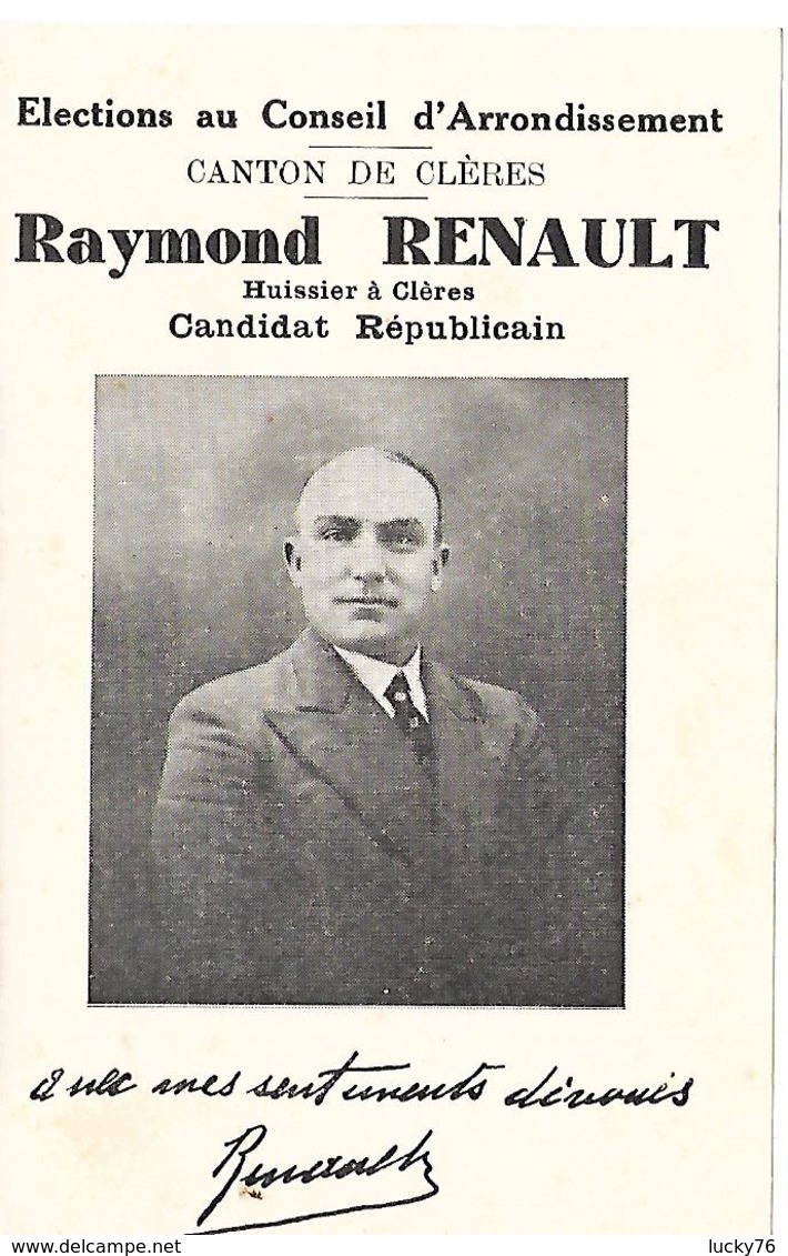 Elections Au Conseil D'arrondissement Canton De Cleres Raymond Renault Huissier Candidat Republicain - Clères