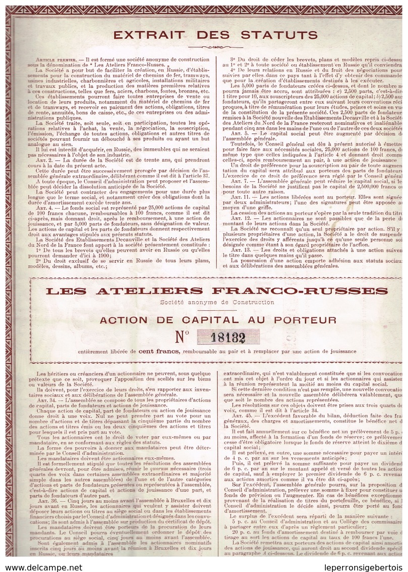 Titre Ancien - Les Ateliers Franco-Russes Société Anonyme De Construction - Titre De 1895 - - Russie