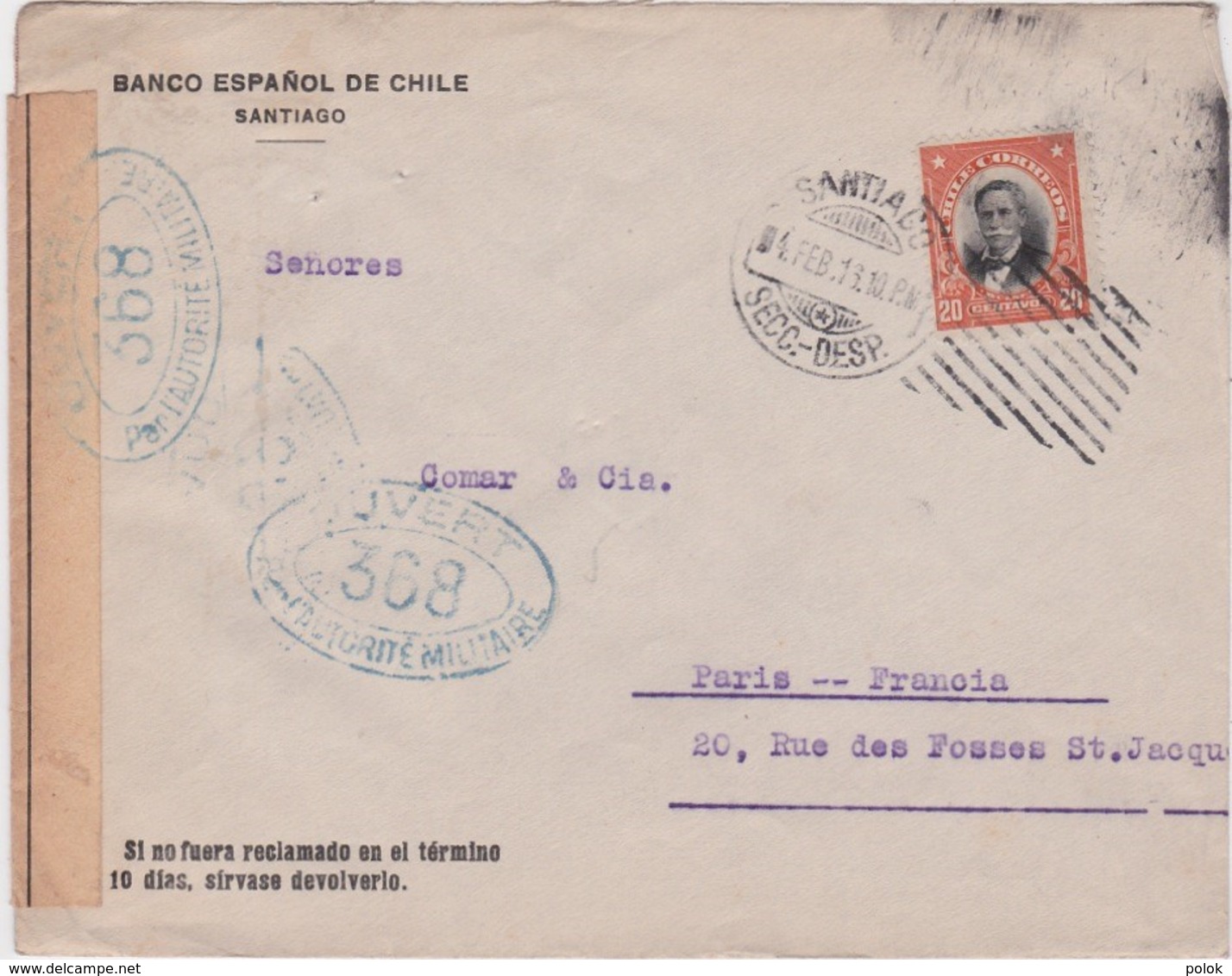 Lettre Chili, Ouvert Par L'autorité Militaire 368, Controle Postal, Cachet SANTIAGO 1916, Banco Español De Chile - Chili