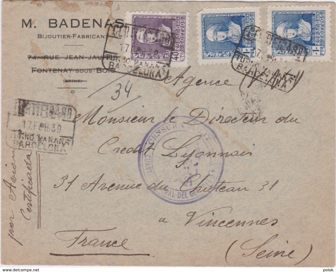 Lettre España - Poste Aérienne - Certificado - Cachet BARCELONA & SALAMANCA 1939 -visa De La Censure - Badenas Bijoutier - Lettres & Documents