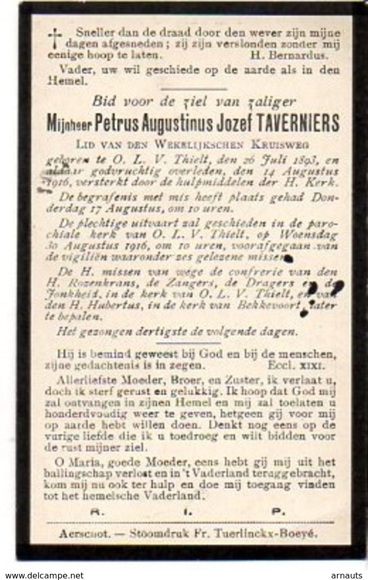 Petrus Augustinus Taverniers °1893 OLV Tielt + 14/8/1916 Onze Lieve Vrouw Tielt Druk Tuerlinckx-Boeyé Aarschot - Décès