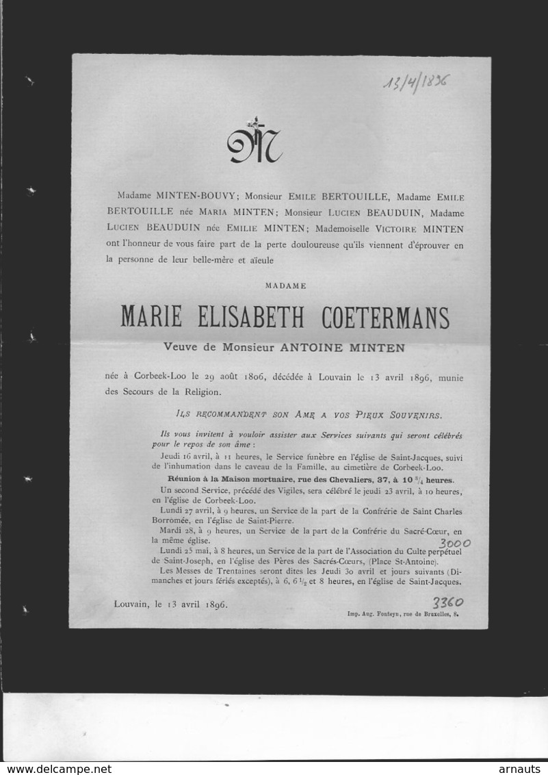 Marie Elisabeth Coetermans Veuve Minten Antoine °1806 Korbeek-Lo +1896 Leuven Beauduin Bouvy Corbeek-loo - Décès