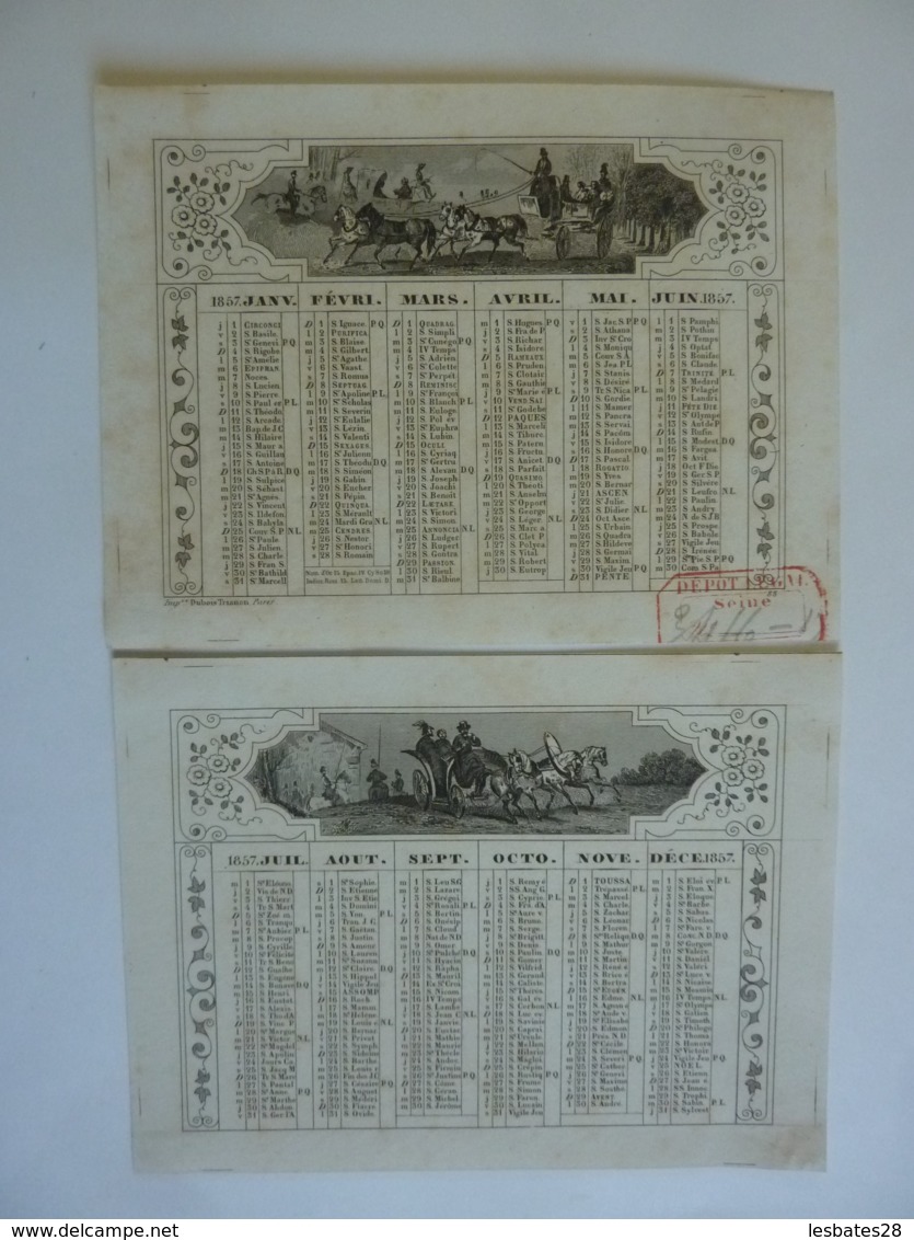 ALMANACH 1857 CALENDRIER  2 SEMESTRIELS   Allégorie Transport  Attelages  Edit Dubois Trianon - Petit Format : ...-1900