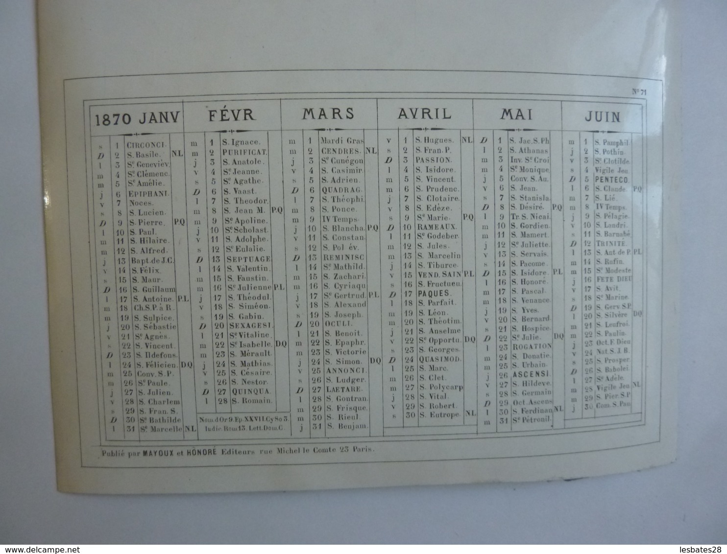 ALMANACH 1870  CALENDRIER SEMESTRIEL  NON DECOUPE   Imprimeur Mayoux Et Hon0ré - Small : ...-1900