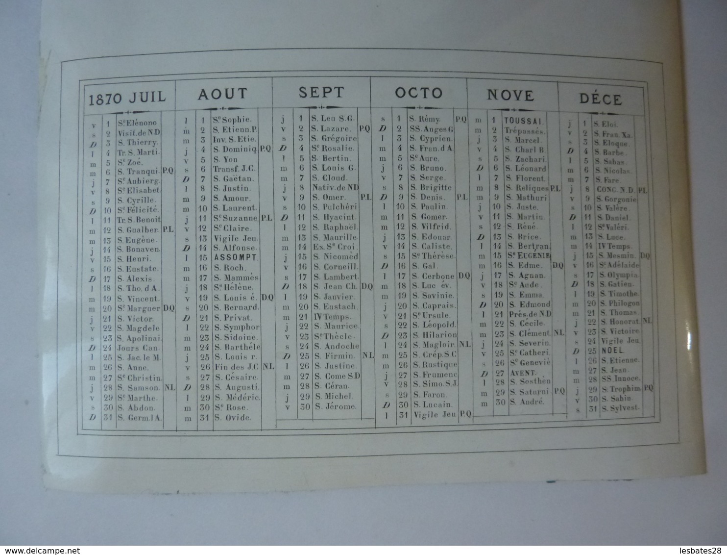 ALMANACH 1870  CALENDRIER SEMESTRIEL  NON DECOUPE   Imprimeur Mayoux Et Hon0ré - Tamaño Pequeño : ...-1900