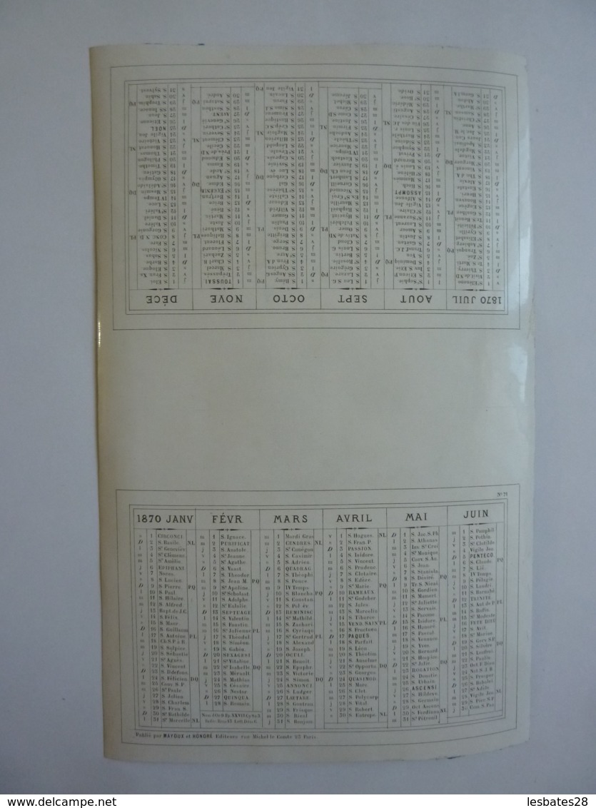 ALMANACH 1870  CALENDRIER SEMESTRIEL  NON DECOUPE   Imprimeur Mayoux Et Hon0ré - Formato Piccolo : ...-1900