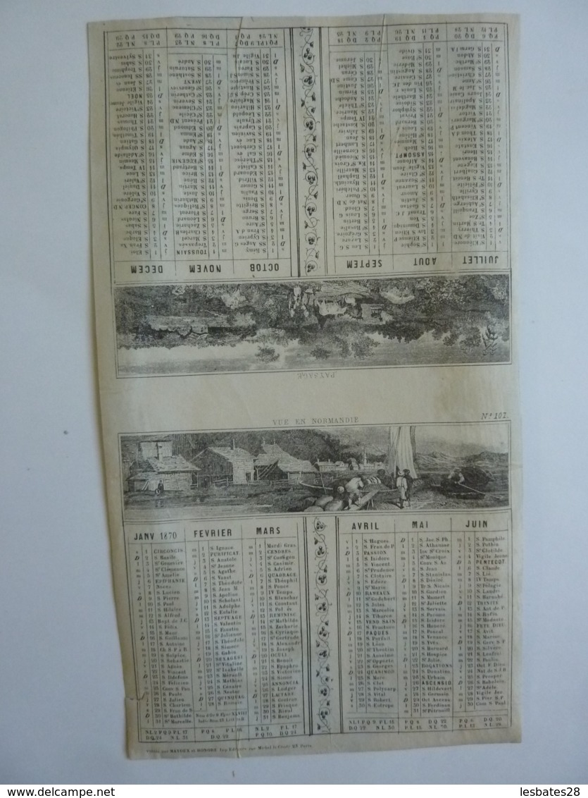 ALMANACH 1870  CALENDRIER SEMESTRIEL  NON DECOUPE  Allégorie  Paysage Et Vue De Normandie  Imprimeur Mayoux Et Hon0ré - Petit Format : ...-1900