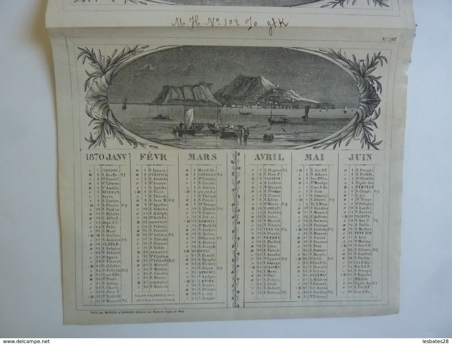 ALMANACH 1870  CALENDRIER SEMESTRIEL  NON DECOUPE  Allégorie  Marine  Imprimeur Mayoux Et Hon0ré - Grand Format : ...-1900