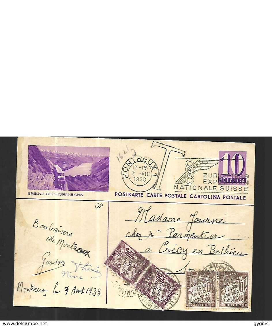 Suisse Entier Postal Du 07 08 1938   De Montreux Vers  Crécy  En Ponthieu  Taxé 1 Fr 20 - Storia Postale