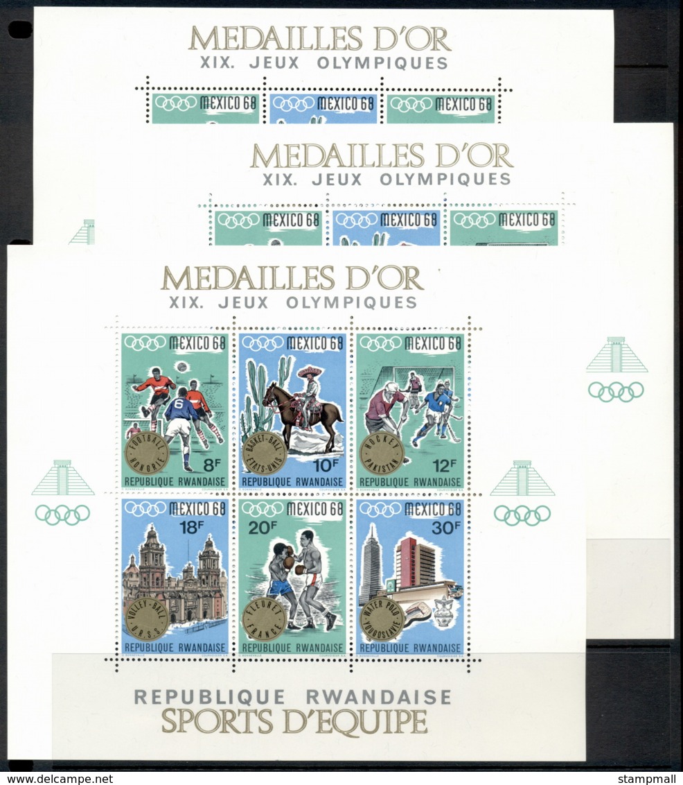 Rwanda 1968 Summer Olympics Mexico City 3xMS Opt Winners MUH - Unused Stamps