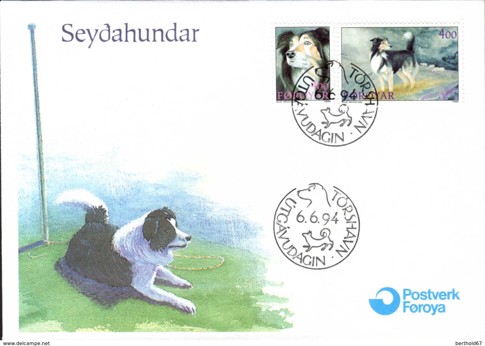 Feroe Poste Obl Yv:258/259 Chien Féroïen De Berger Torshaven 6-6-94 Fdc - Isole Faroer