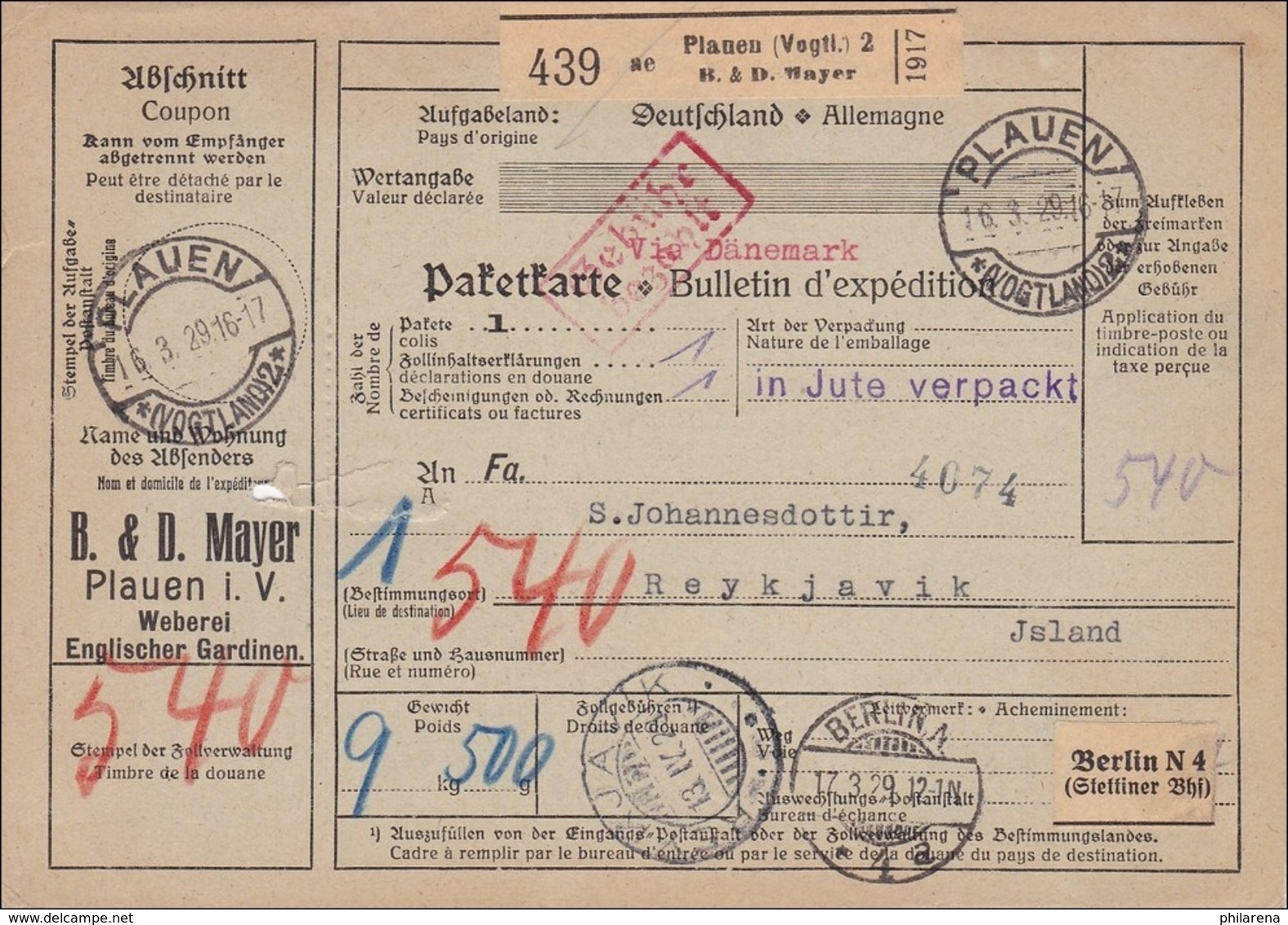 Weimar: Paketkarte Von Plauen Nach Island 1929 - Gebühr Bezahlt - Other & Unclassified