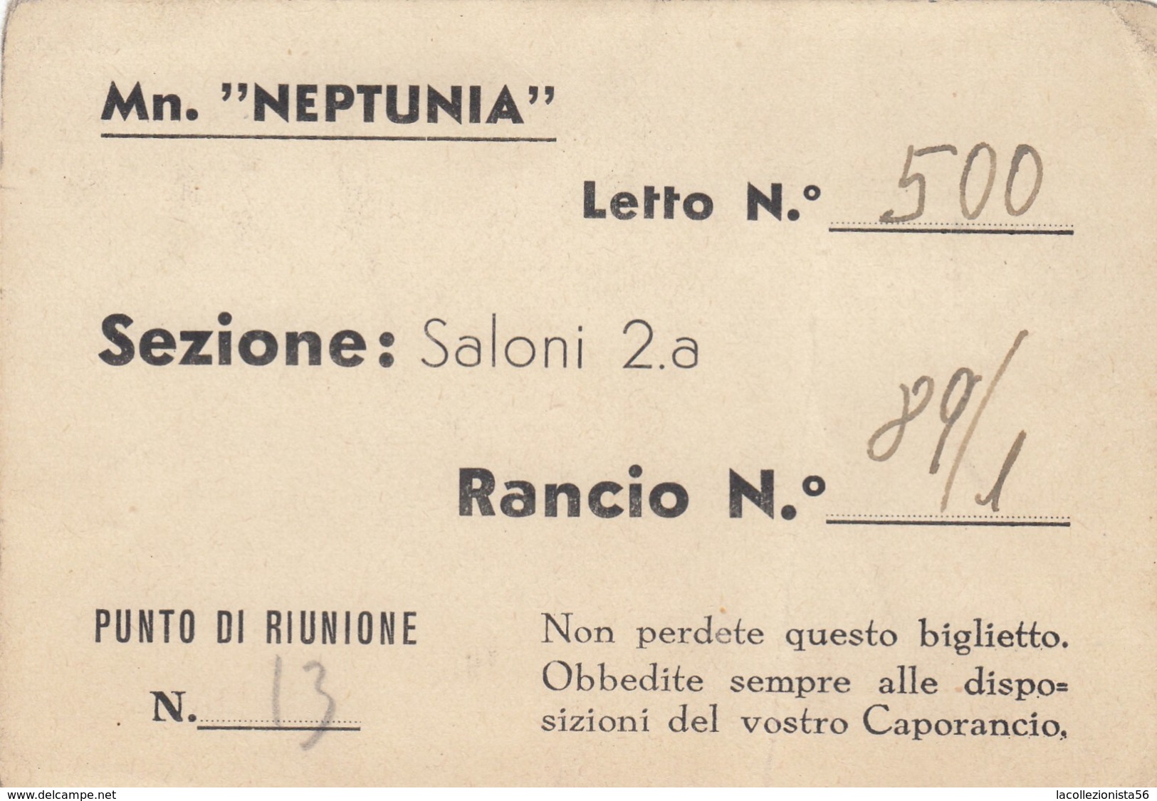 9290-MN. "NEPTUNIA"-BIGLIETTO RANCIO - Non Classificati