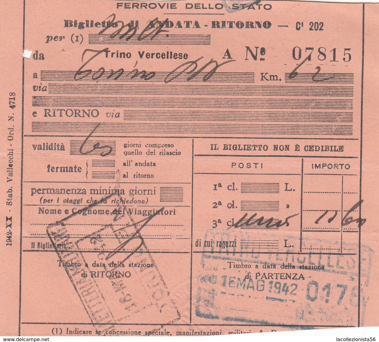 9299-BIGLIETTO 3° CLASSE ANDATA-RITORNO DA TRINO VERCELLESE A TORINO-1942 - Europa