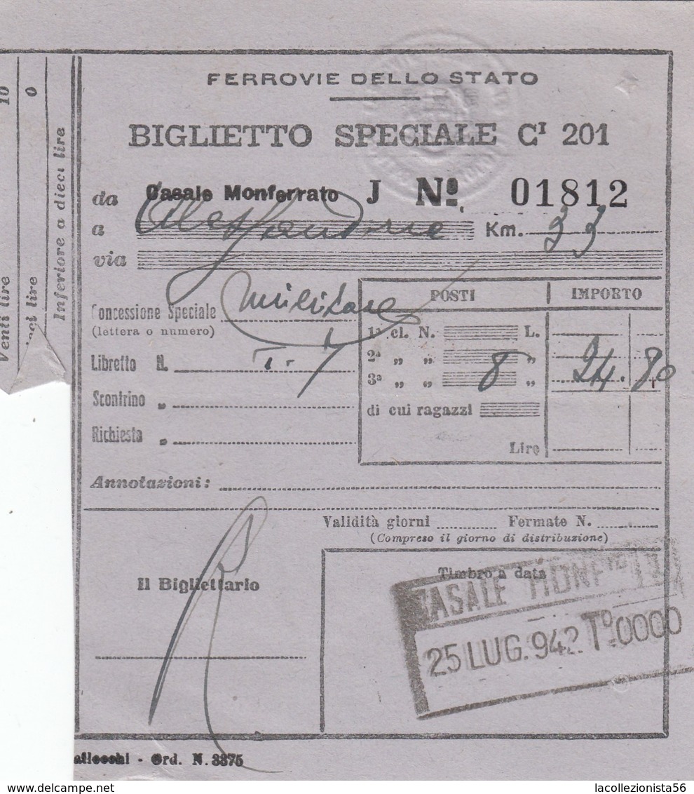 9300-BIGLIETTO SPECIALE 3° CLASSE MILITARI DA CASALE MONFERRATO-ALESSANDRIA-1942 - Europe