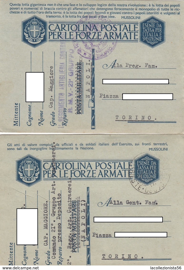 9304- N. 2 FRANCHIGIE P.M. 2° GUERRA SPEDITE DA "1° REGG. ART. CONTRAEREI R.M.V. 21° GRUPPO-NAPOLI"-1941 - Storia Postale