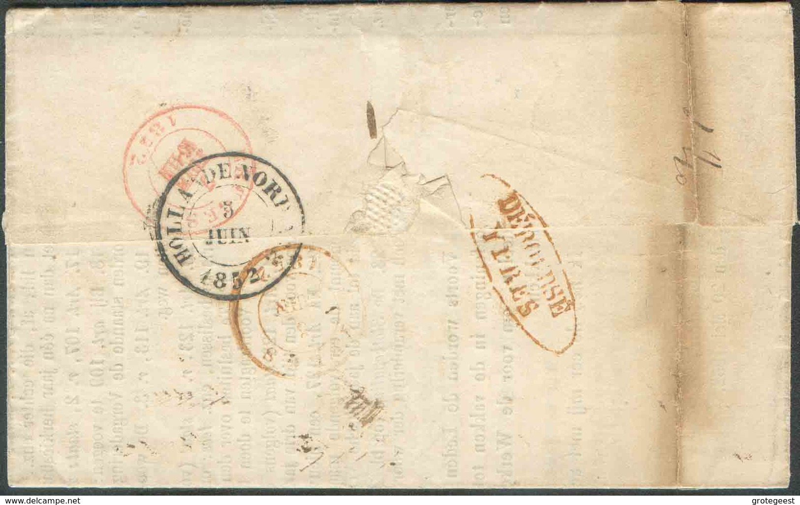 LAC De LEYDEN (Pays-Bas) Le 4/6 1852 Vers Ypres - (au Verso : Ovale Rouge DEBOURSE/YPRES Et Dc. HOLLANDE NORD 1. Port De - 1830-1849 (Belgique Indépendante)